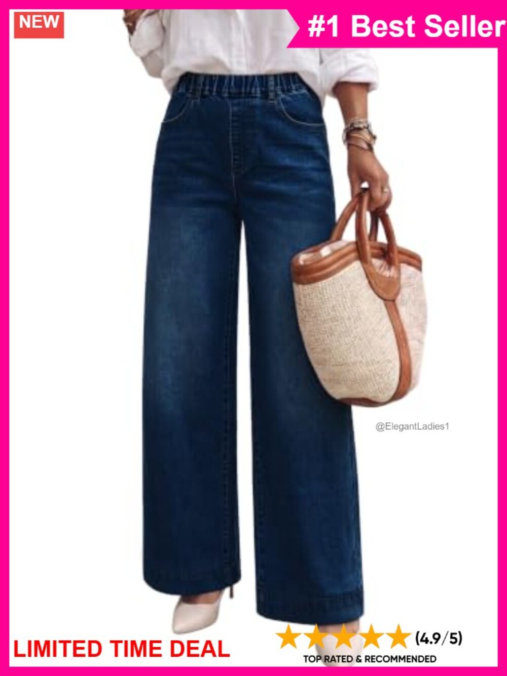 Wide Leg Elastic Waist Stretch Denim Pull On Jeans Baggy Relaxed Fit